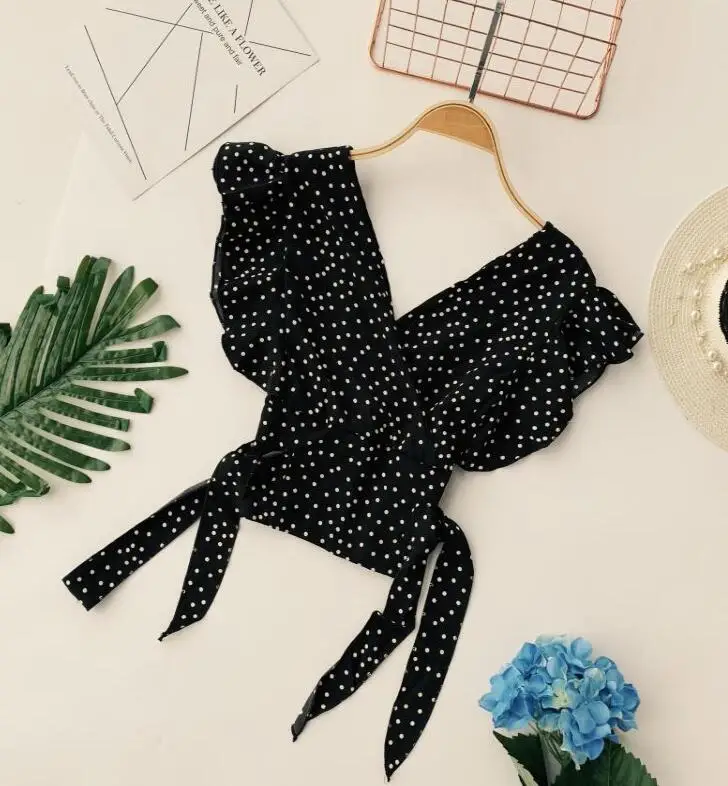 

Women's summer ruffles sleeve high waist dot print shirt female sexy deep v neck backless short chiffon tees tops TB825
