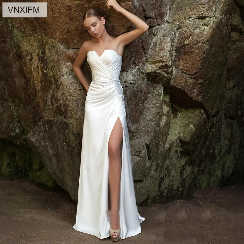 VNXIFM 2019 Gorgeous Strapless Sheath Mermaid Sleeveless Sexy Lace Sweep Train Beautiful Custom Made Wedding Dresses | Свадьбы и