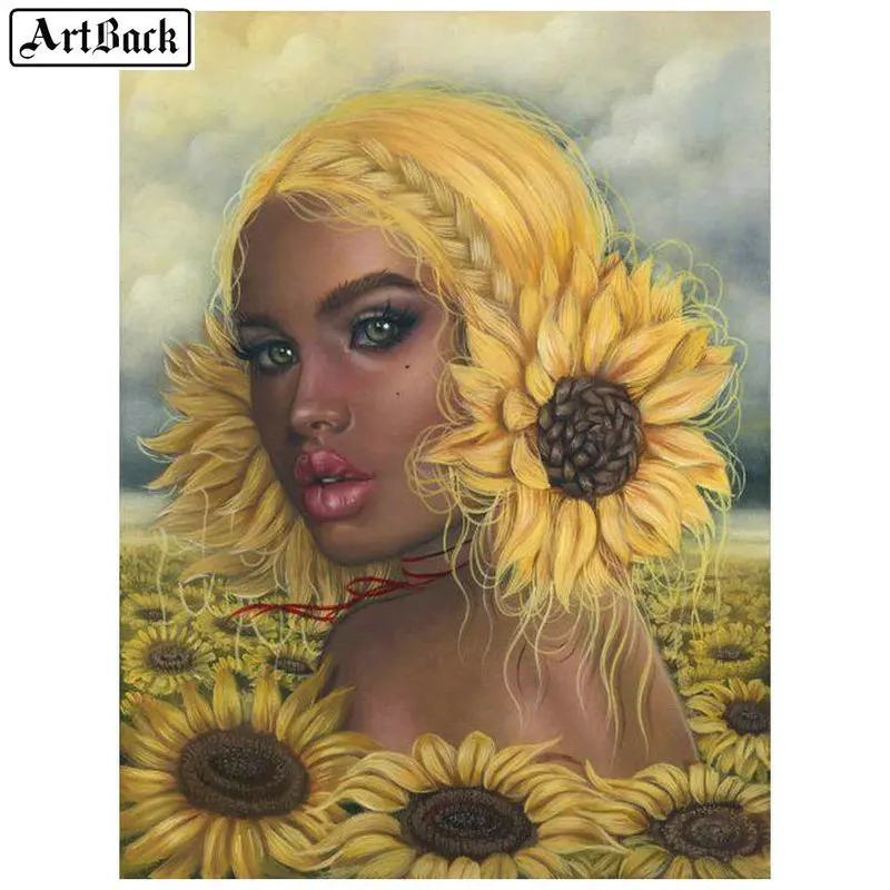 5d diy diamond painting woman sunflower icon full square embroidery flower mosaic 3d wall sticker | Дом и сад