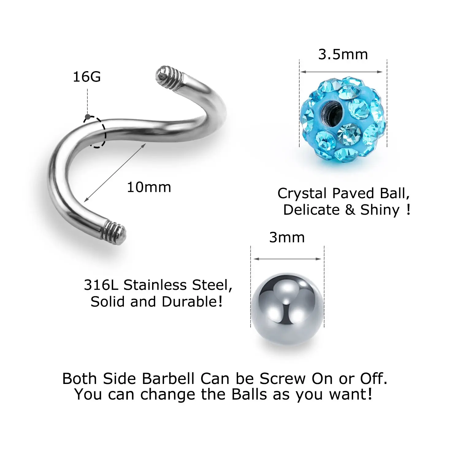 

JFORYOU 12PCS 16G Stainless Steel Spiral Cartilage Earring Twist Stud with Crystal Ball Piercing Jewelry