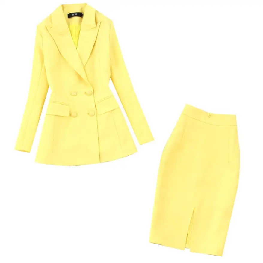 yellow Комплект из двух предметов Весна Осень женский желтый, двух двубортный блейзер+ пакет бедра, высокая талия юбка миди - Цвет: yellow