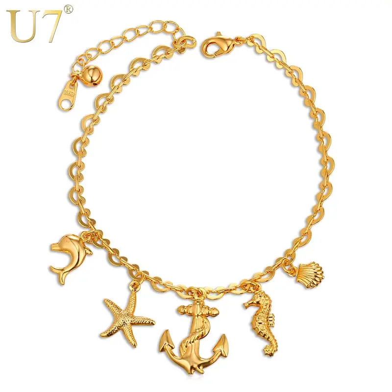 

U7 Anklet Silver/Gold Color Sea Animal Summer Jewelry 22cm+5cm Foot Bracelet Chain For Women Retro New H1016