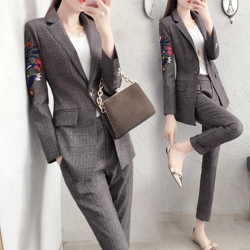 High-quality Embroidery casual suit suit women's spring and autumn new retro Slim suit fashion Plaid pants two sets TB1810