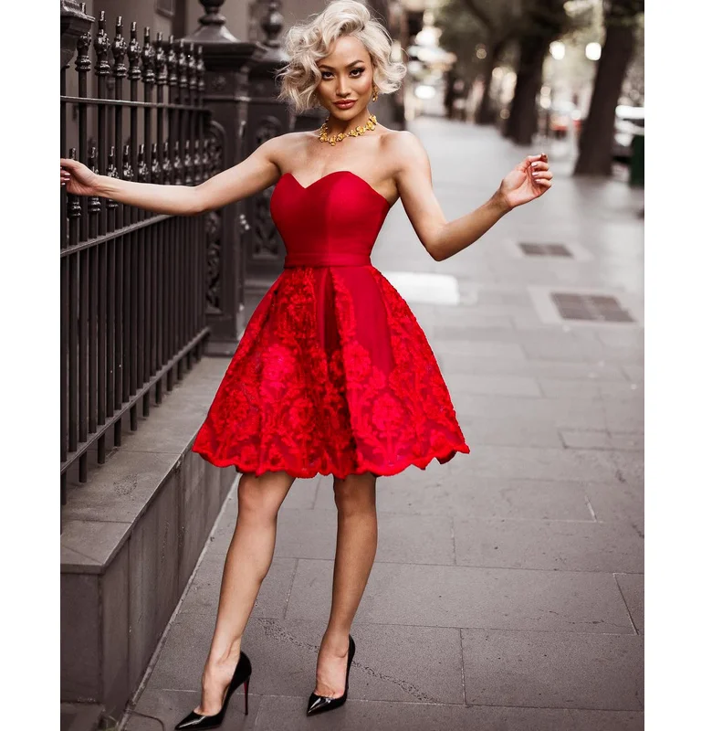 

Red and White Color Ladies HL Bandage Dress Sexy Lace Strapless Ball Gown Dress