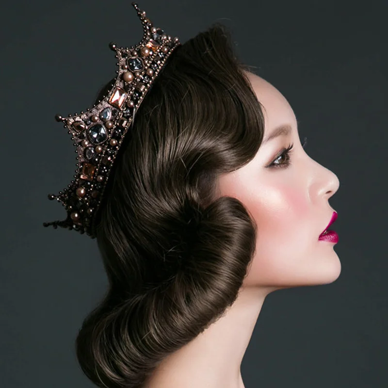 Женская диадема с жемчугом FORSEVEN черная круглыми бусинами и кристаллами