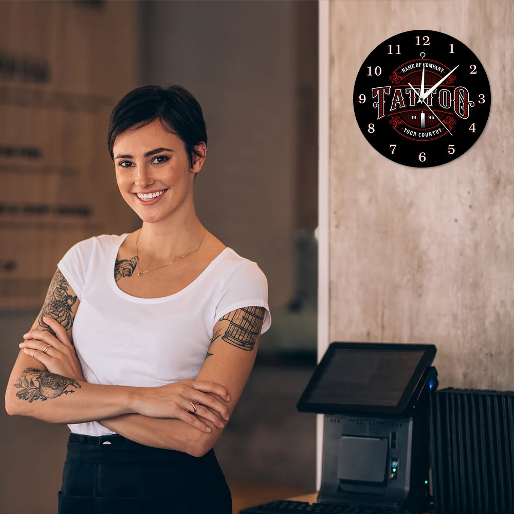 Tattoo Logo Printed Wall Clock Love And Death Rose Guns Studio Gothic Decor Art The Tattooist Gift | Дом и сад