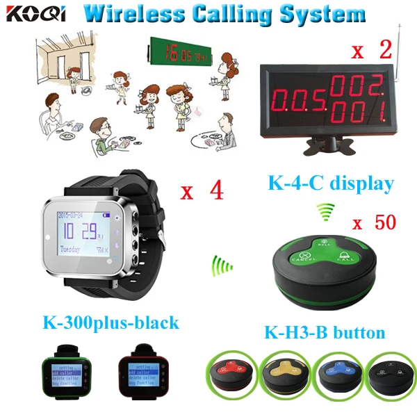 

2 display 3-digit number + 4 led watches + 50 call bell OEM customized LOGO CE certification Wireless push button system