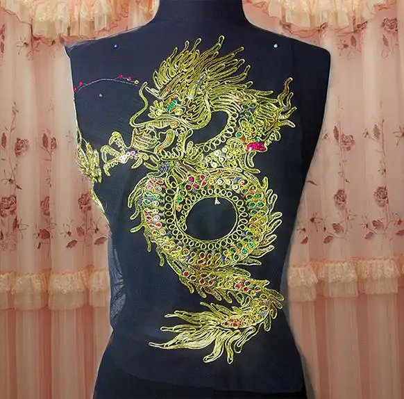 22*35cm large dragon embroidery on black gauze with paillette sew-on applique raw material for classic or performing clothes | Дом и сад