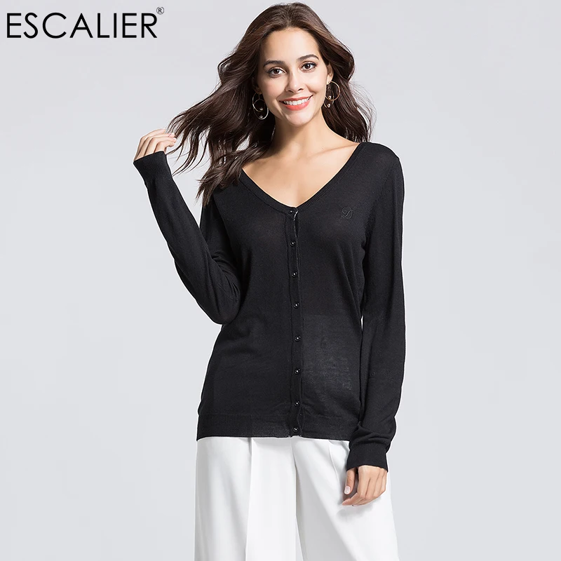 Escalier Women 75%Silk Sexy Sweaters Casual Full Sleeve Single Breasted Cardigans V-Neck Thin Style Sweater Back button design |