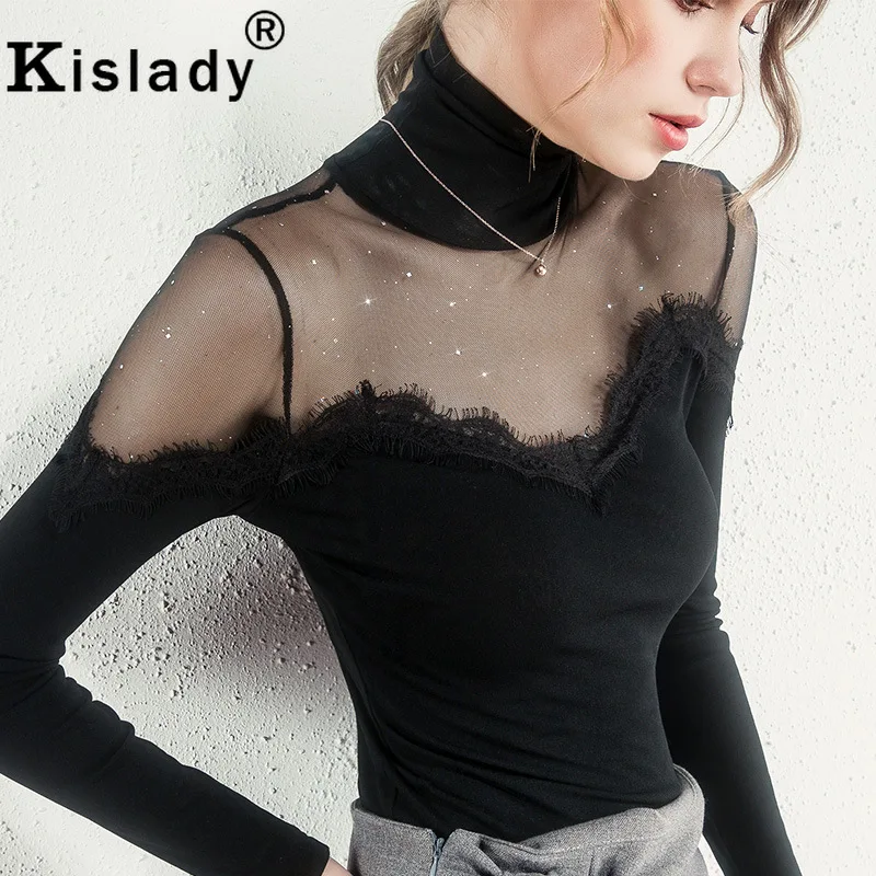 Kisaldy новая весенняя женская сетчатая Лоскутная водолазка облегающая нижняя рубашка с длинным рукавом черные сексуальные гибкие Топы XXXL размера плюс