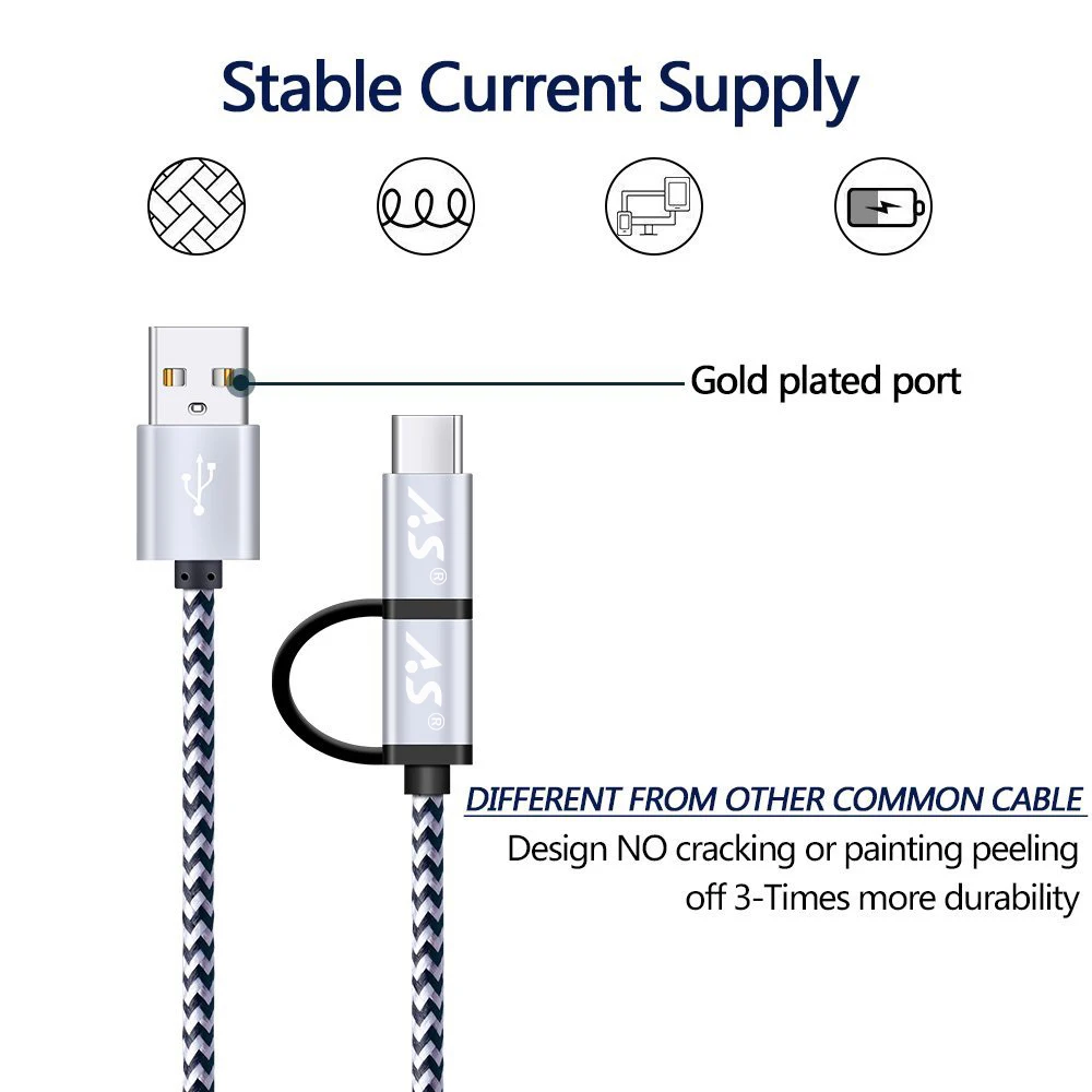 Кабель Micro USB A.S для samsung 2 в 1 кабель usb type C быстрой зарядки и передачи данных