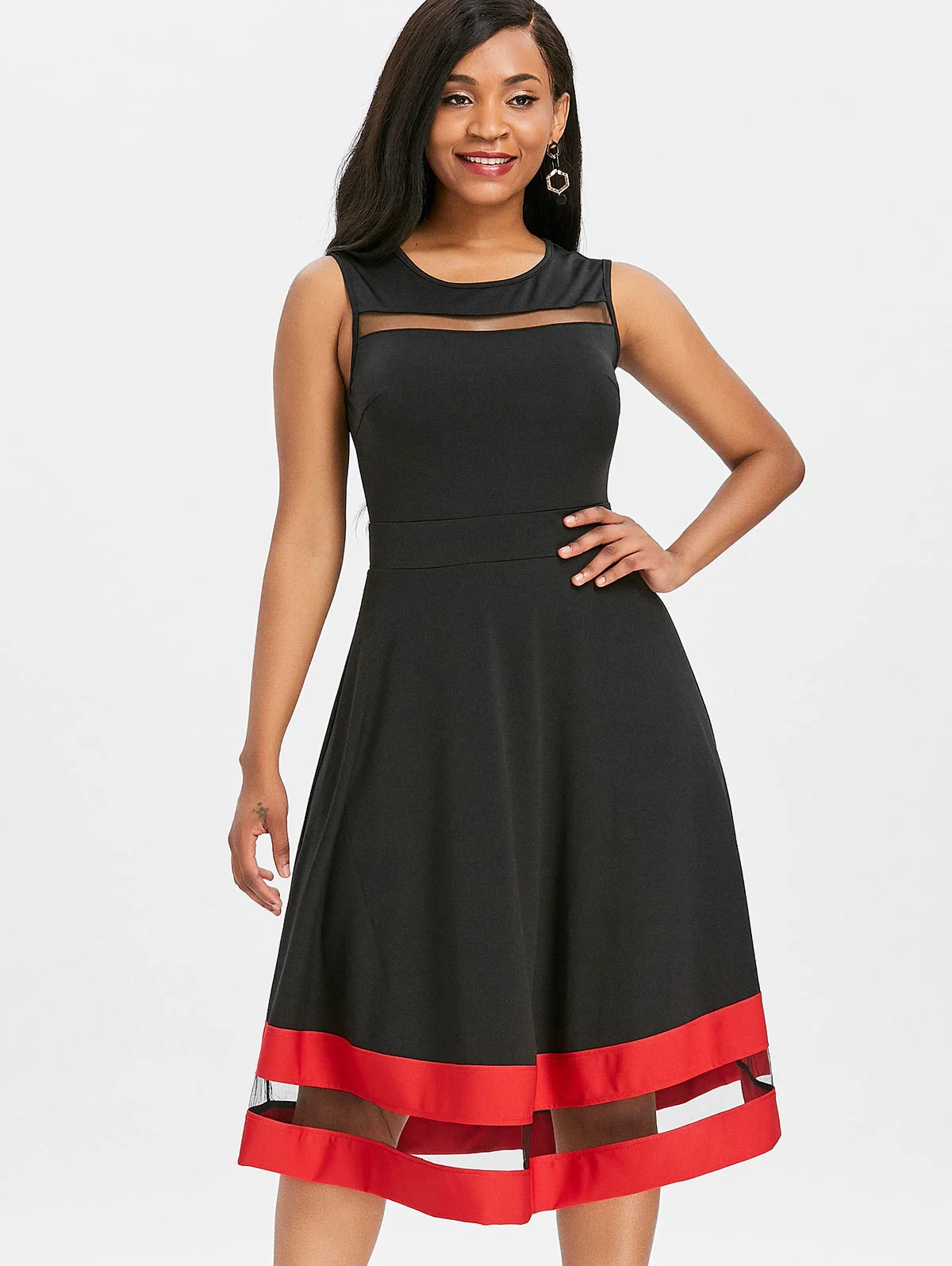 VESTLINDA Sheer Mesh Insert контрастная отделка линия миди женское платье для катания на