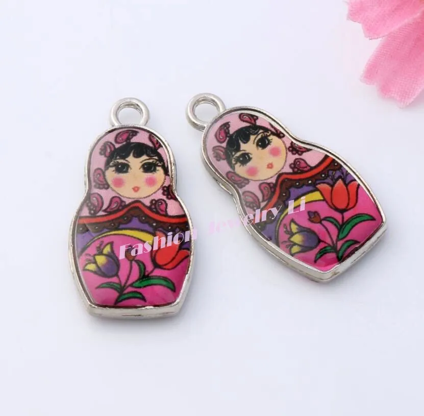 pink 10 шт Двухсторонние 4 Цвета Эмаль Матрешка Русская кукла Шарм Подвески L1555 - Окраска металла: pink