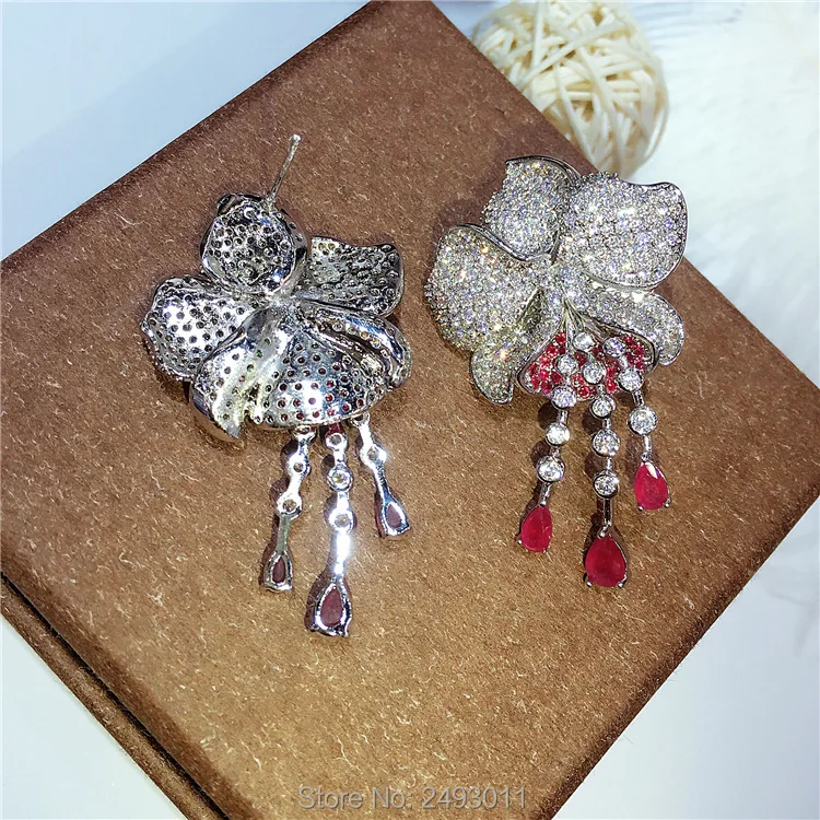 High quality new designer fashion red 3A zirconia crystal flower stud earrings white-gold-color brincos copper jewelry for women | Украшения