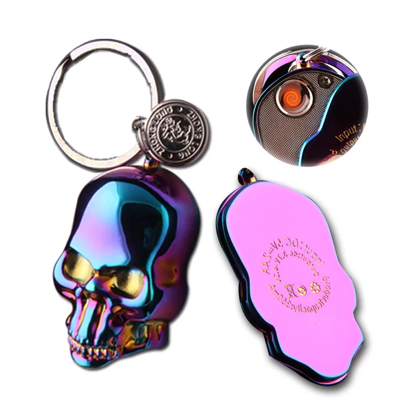 Мода Череп электронных USB зажигалки с кольцом для ключей ветрозащитный