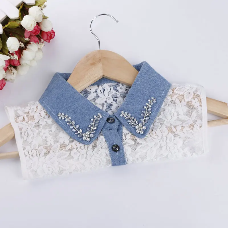 Женский модный цветочный кружевной воротник с кристаллами хлопковый съемный