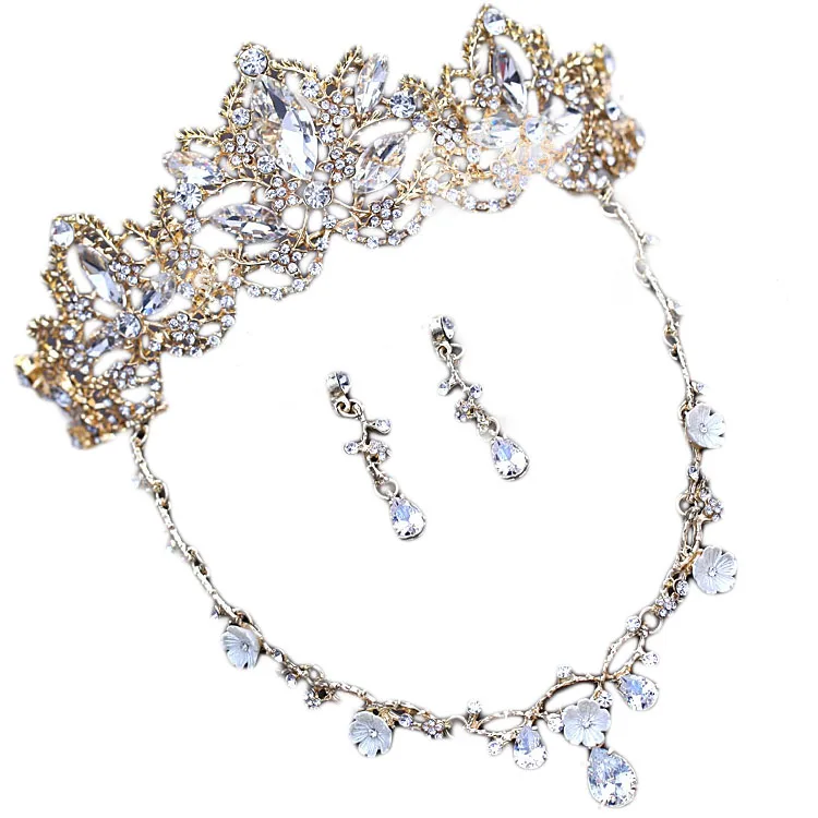 Набор из 3 предметов liga de ouro folha e flor esmalte moda joias com Tiara colar brinco|colar brinco|tiara setbrincos colares |