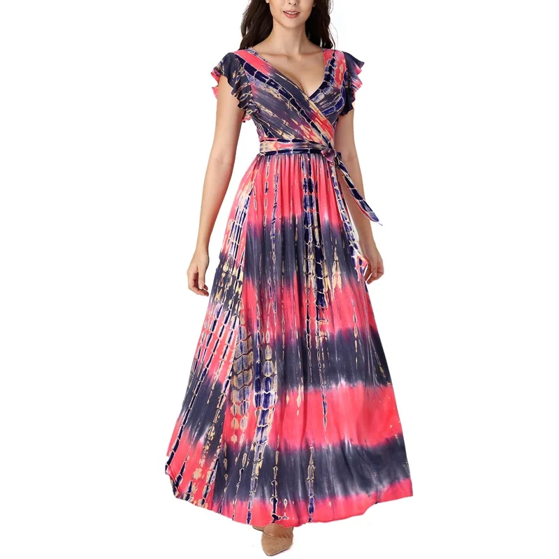 Hot Pink Tie Dye Vfemage, женское сексуальное платье с v-образным вырезом, с искусственным запахом, с оборками, с рукавами-крылышками, с карманами, плиссированное, с поясом, формальное, повседневное, вечерние, Макси-платье трапециевидной формы 016 - Цвет: Hot Pink Tie Dye