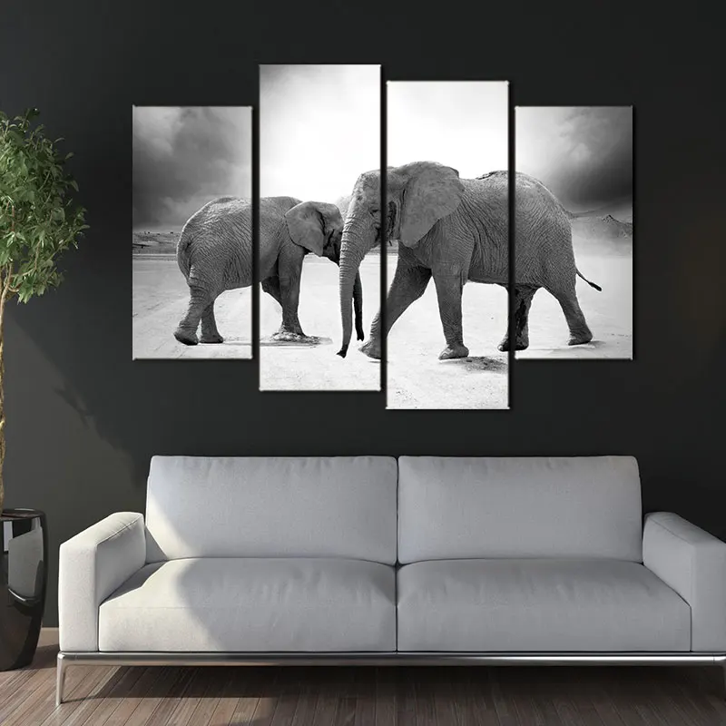 

4 panel large HD Printed canvas painting elephants wall art print modern home decor Wall art Pictures For Living Room(No Frame)