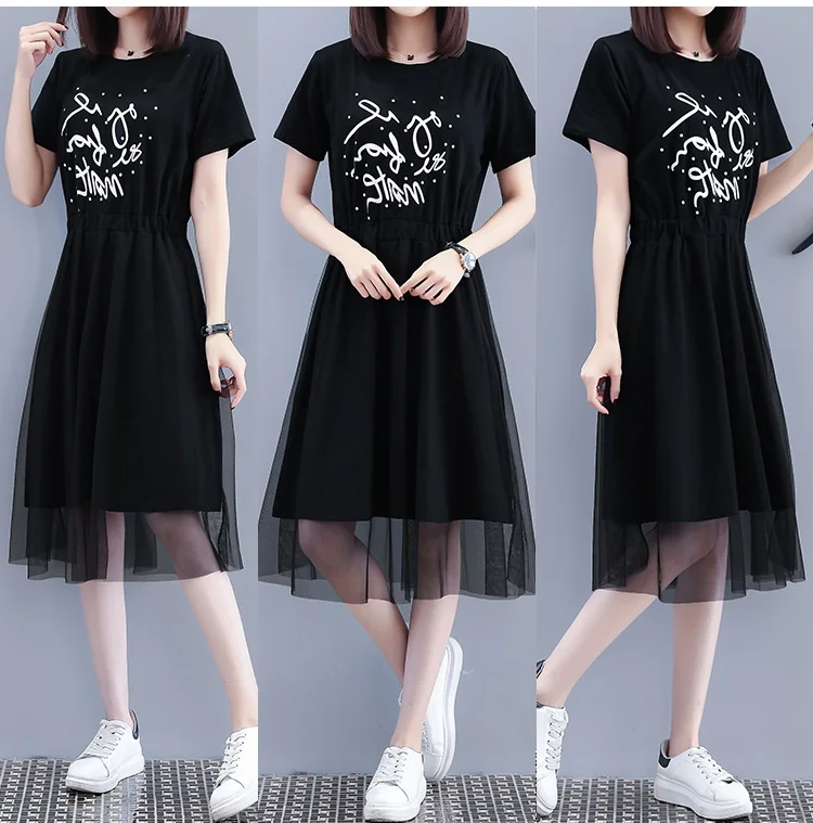 Plus 4XL Size New Summer Women's Pleated Short Sleeve Hollow Out Mesh Fashion Dress Office Lady Hote Sale D96802K