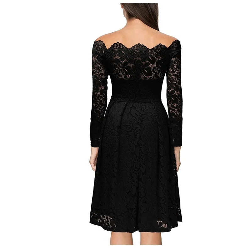 7 привлечь элегантный Кружево Платья для женщин осень партии Черный с длинным