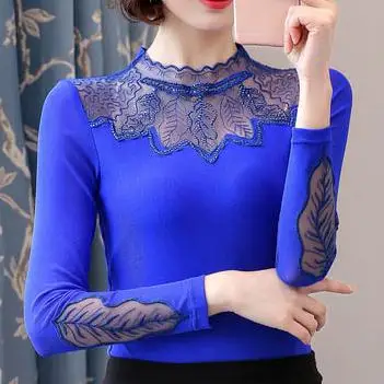 

2020 autumn new high collar slim hollow out blouse top long sleeves hollow big size lace women bottoming shirt