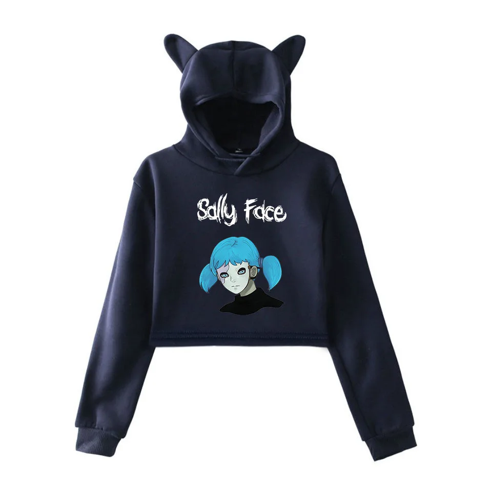 Новинка, милая Женская толстовка с капюшоном Sally face для девочек, кроп-топы с кошачьими ушами и принтом в виде глаз sally, укороченная толстовка с капюшоном в виде кошки, пуловер XXS-XXL