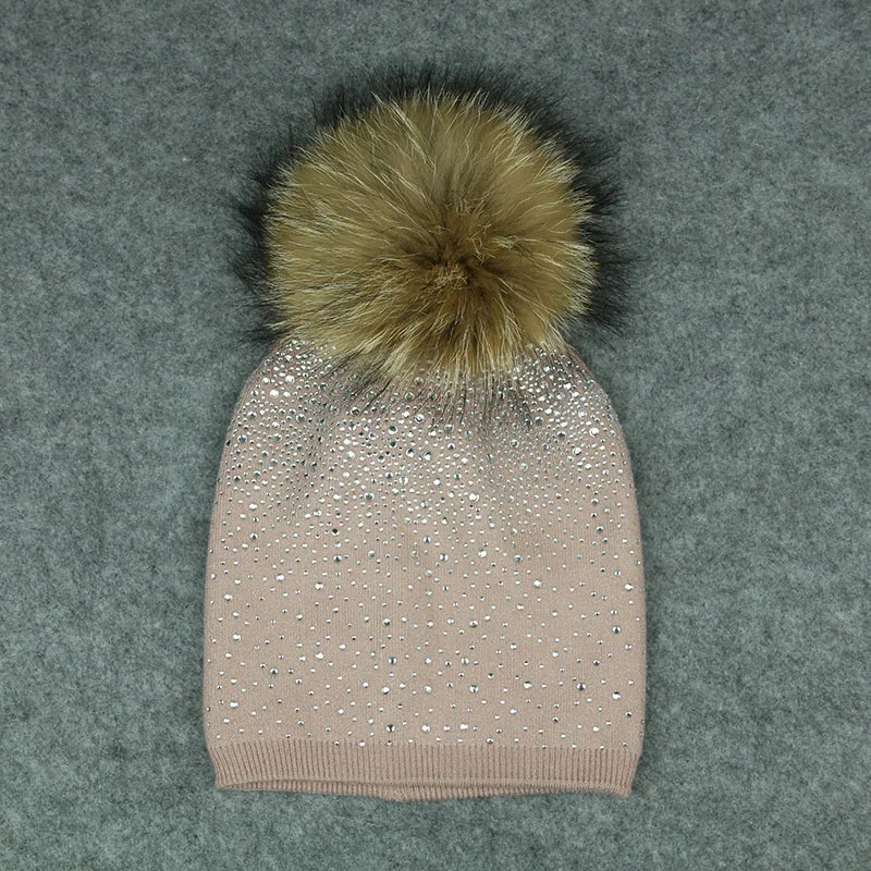 KUE019 Natural Fur Pom pom Knitted Hat Winter Wool Women Genuine Fur Ball Bobble Knit Beanies Bonnet Bones Skullies Rhinestone
