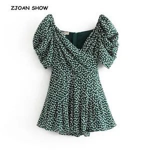 Милая ромашка женский короткий комбинезон с цветочным принтом и пышными рукавами, праздничный винтажный комбинезон с V-образным вырезом, короткие штаны, комбинезон на бретелях