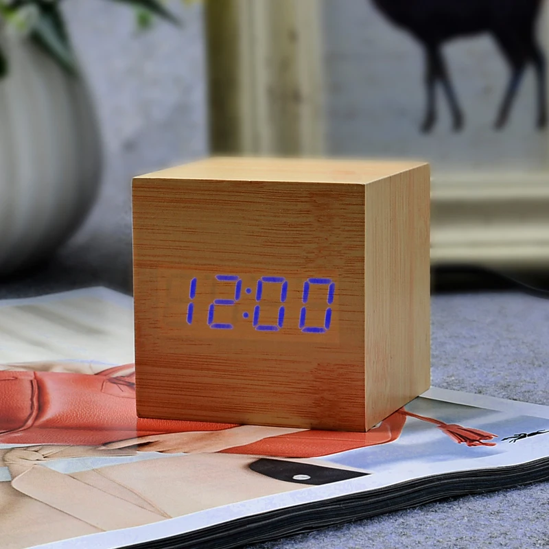Suncree квадратные мини часы Деревянный светодиодный Будильник, reloj despertador Температура голосовой активации Светодиодный настольный забавные цифровые часы