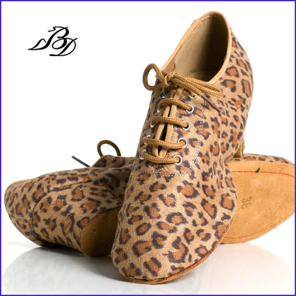 Latin Dance Shoes Women Genuine BD t1-b Import Satin Lace-up Sports Teacher Shoes Leopar Heel 4.5cm Male Female Generic BDDANCE