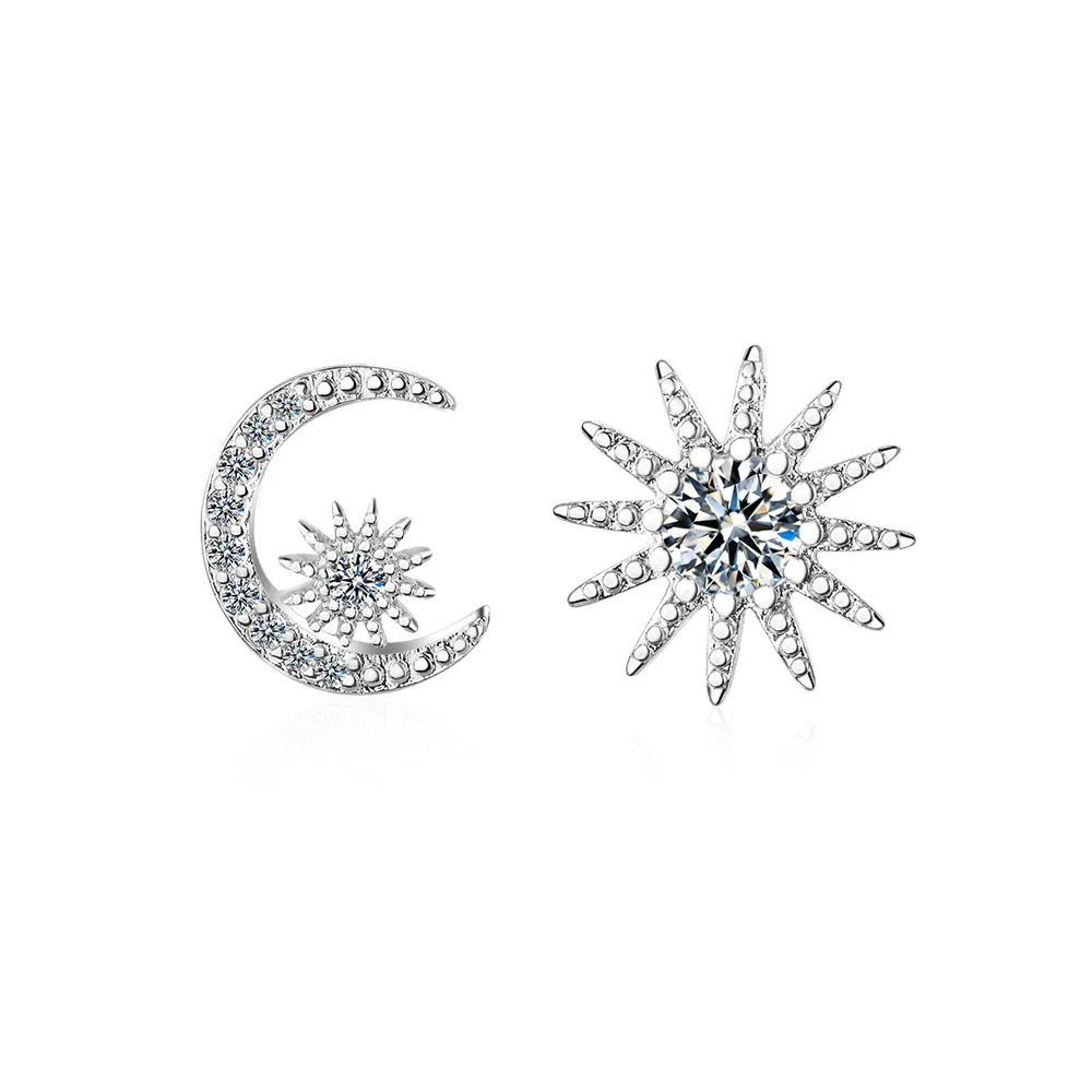 

100% 925 sterling silver fashion asymmetric moon & star crystal women gift ladies`stud earrings jewelry no fade wholesale girls