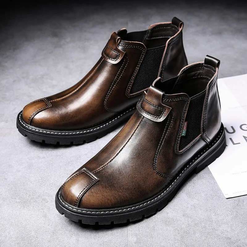 Brown Spring Boots Misalwa/Новинка; Прямая поставка; мужские зимние ботинки; зимняя обувь с мехом; сезон осень; износостойкие рабочие ботинки без шнуровки; кожаные ботинки; Botas hombre - Цвет: Brown Spring Boots