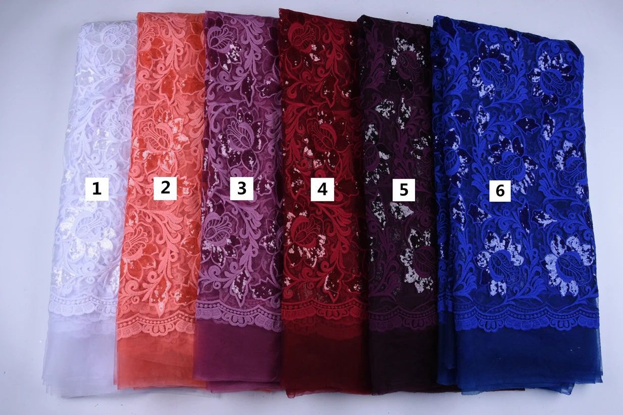 Latest Royal Blue African Embroidery Tulle Lace Fabric High Quality French Milk Silk Lace Fabric With Sequins 5 Yards 1611