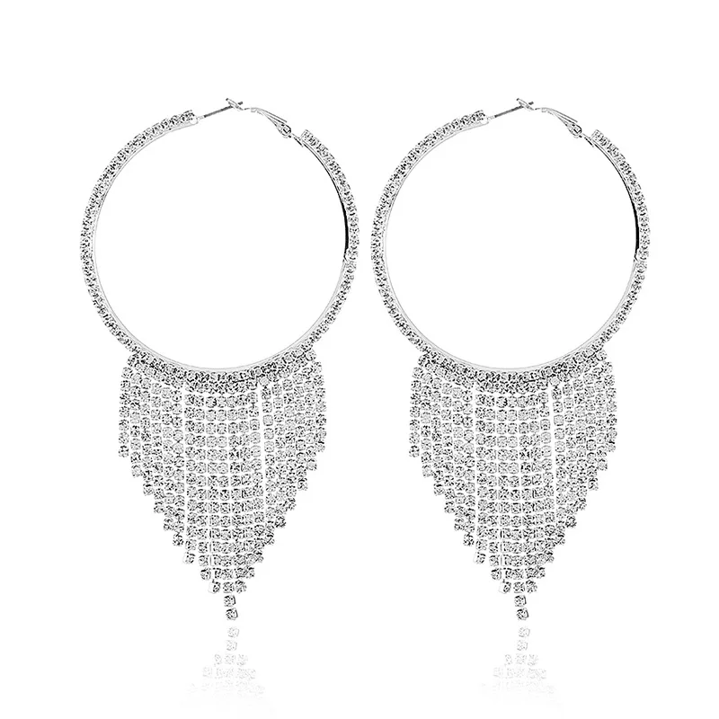 silver Роскошные Большие кольца, серьги для женщин, стразы, кисточки, массивные серьги, кристалл, большие серьги, модные серьги для выпускного вечера, сценические ювелирные изделия - Окраска металла: silver