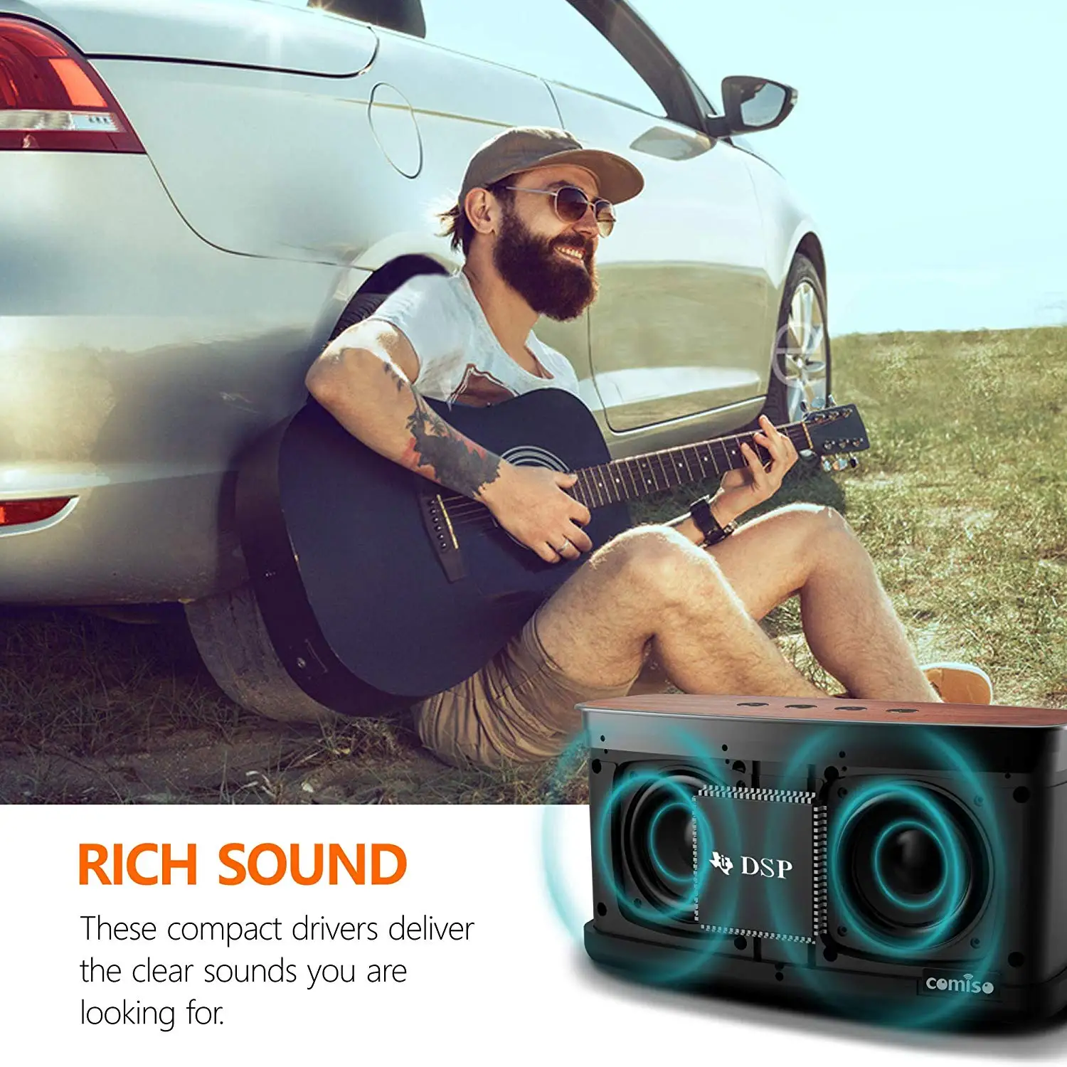 COMISO 30 Вт Bluetooth динамик s с супер басами, бамбуковый деревянный домашний динамик, встроенный микрофон Home66 ft Bluetooth диапазон