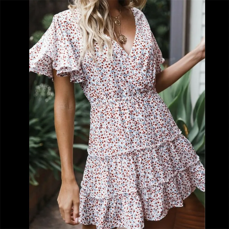 Новое модное женское платье с коротким рукавом и цветочным принтом Boho Летнее