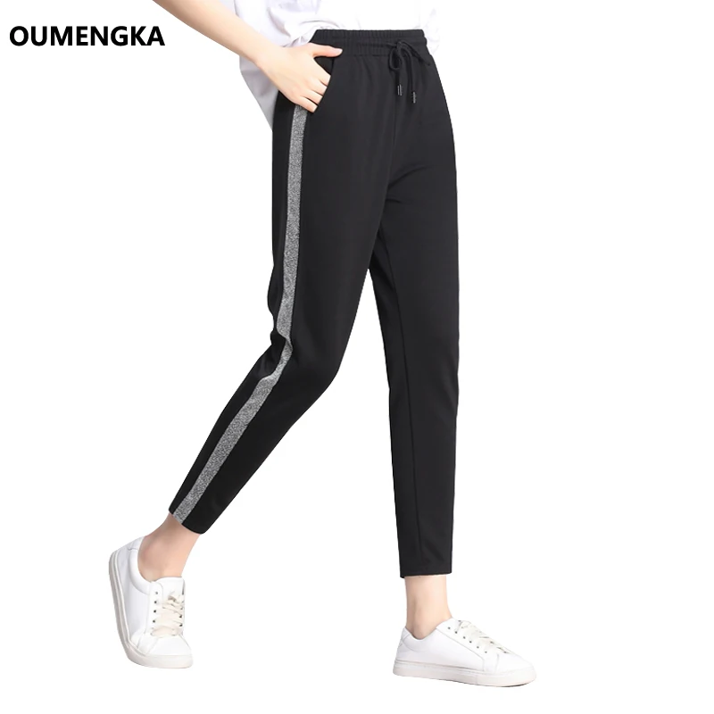 OUMENGKA – Pantalon de survêtement  noir avec bande latérale  pour femme  élastique  décontracté