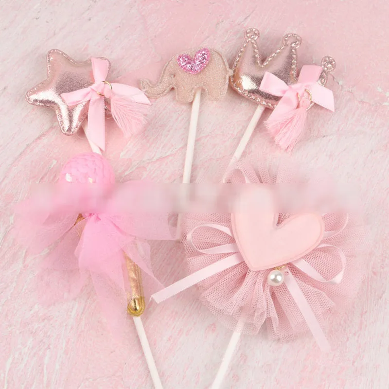 Розовая Звезда Корона сердце флаги капкейк топперы 5 шт./лот для свадебвечерние