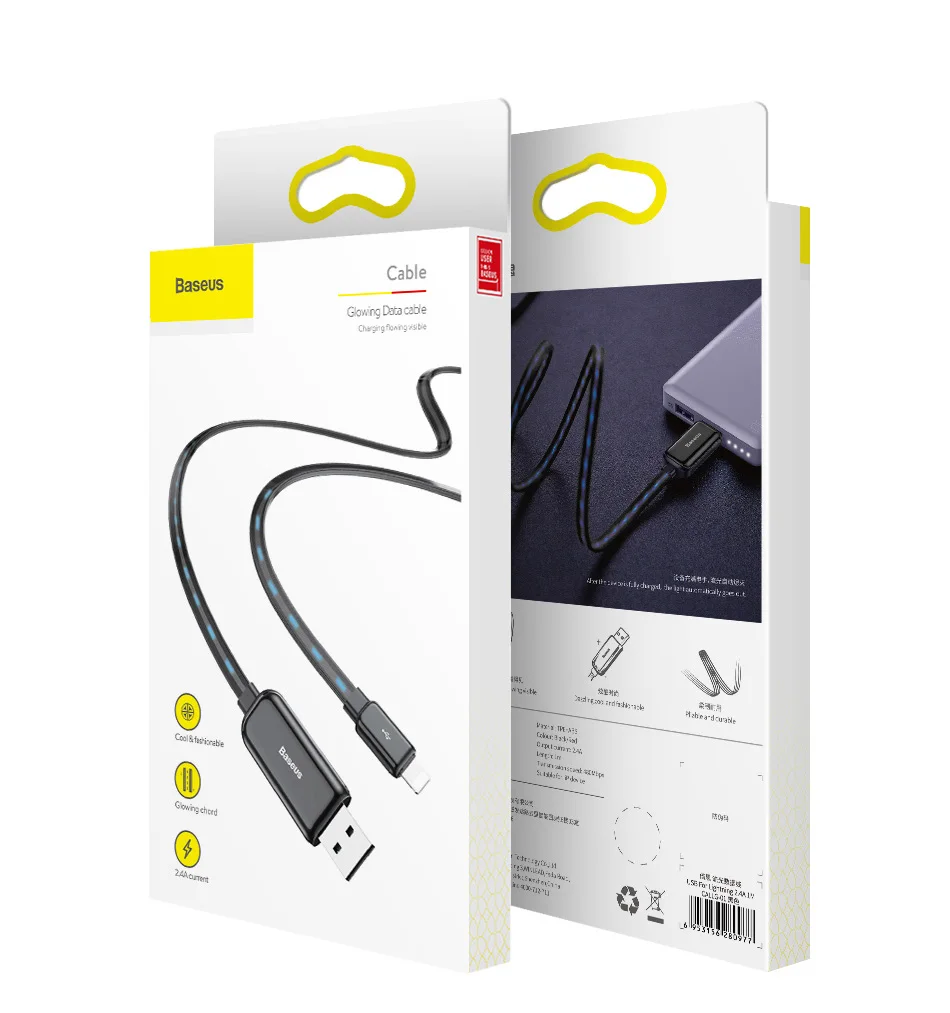 Baseus Testos светодиодный usb-кабель для зарядки и передачи данных с подсветкой для iPhone 8, 7, 6 Plus, X, iPad, 1 м, 2,4 А, шнур для быстрой зарядки