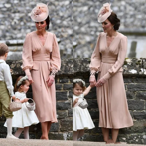 Kate Middleton, простые шифоновые платья для матери невесты, длинные рукава, длина до середины икры, винтажное свадебное платье для гостей, v-образный вырез, пыльно-розовый цвет