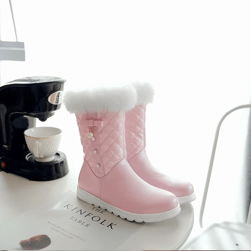 NEW fashion warm Mid-Calf snow boots women round toe soft leather warm Rabbit Fur winter thick fur ladies winter shoes