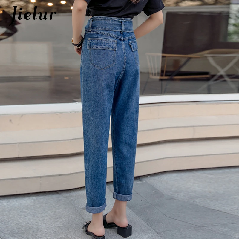 

Jielur Women's High Waist Jeans Blue Kpop Pockets Washed Denim Pants Trousers Hipster Cowboy Pants Pure Color Pencil Pants S-XL