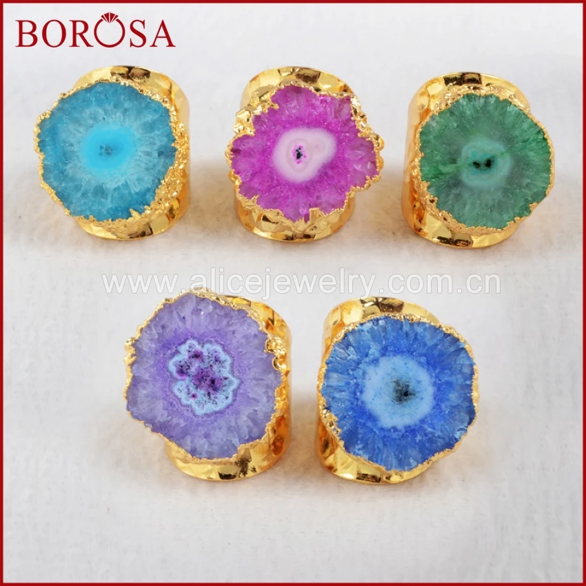 BOROSA 5 шт Вечерние кольца с золотыми пещерами, разноцветные кольца с натуральным солнечным цветком, кварцевые каменные кольца, золотые цветные геодные солнечные кварцевые кольца G0308