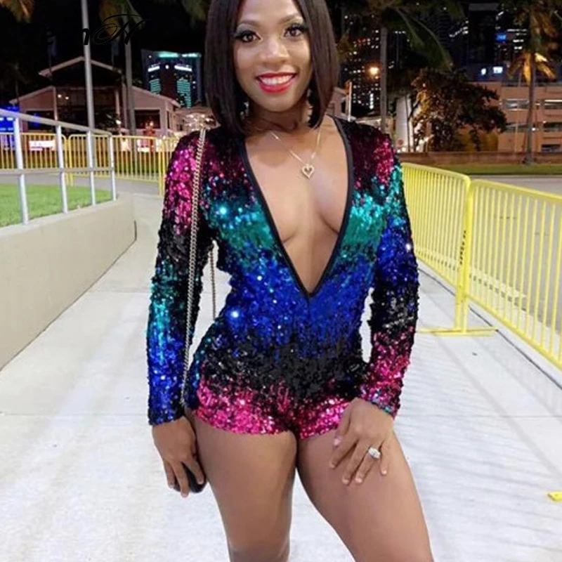 Градиент Блестки Для женщин Глубокий V Playsuit боди с длинными рукавами комбинезоны осень Для женщин пикантная обувь для ночного клуба Комбинезоны Комбинезон