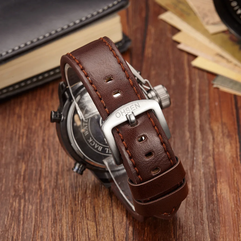 Модные мужские часы Vogue Цифровые кварцевые с ЖК дисплеем коричневым кожаным