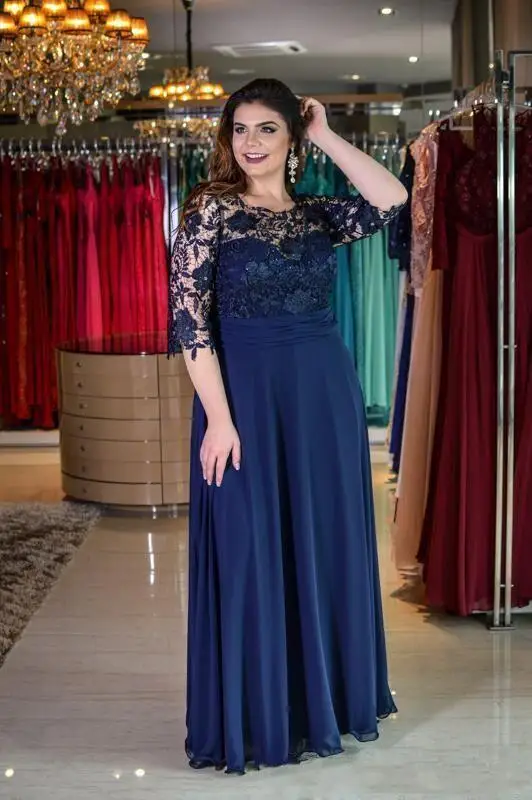Vestido novia madrinha скромное прозрачное вечернее платье с короткими рукавами и аппликацией темно-синего цвета размера плюс платья для матери невесты - Цвет: same as picture