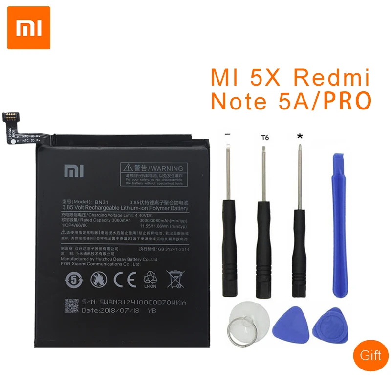 Xiao Mi оригинальный аккумулятор BN31 для мобильного телефона Xiaomi 5X Mi5X \ Redmi Note 5A pro 3000