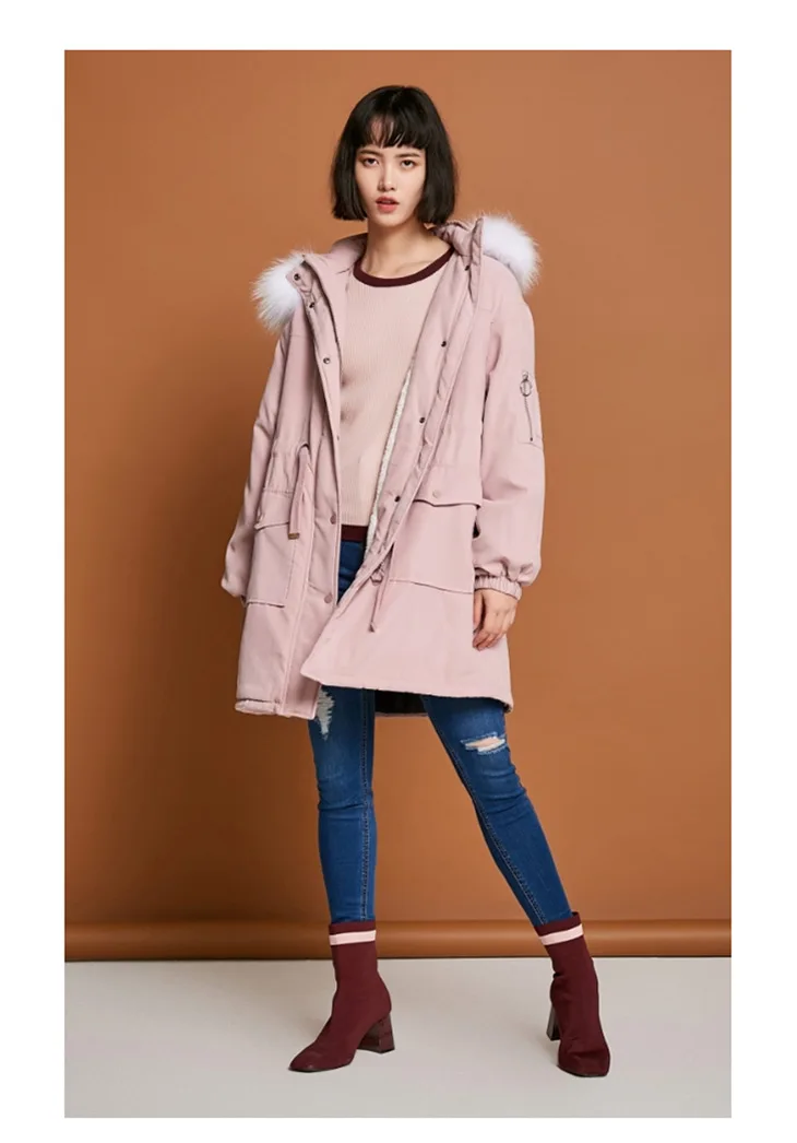 ONLY Women's Raccoon Fur Collar Cinched Waist Long Cotton Coat |118122501