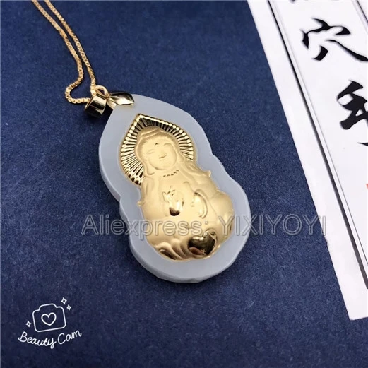 Натуральный белый нефрит + 18K твердый Золотой инкрустированный кулон GuanYin Blessing Lucky